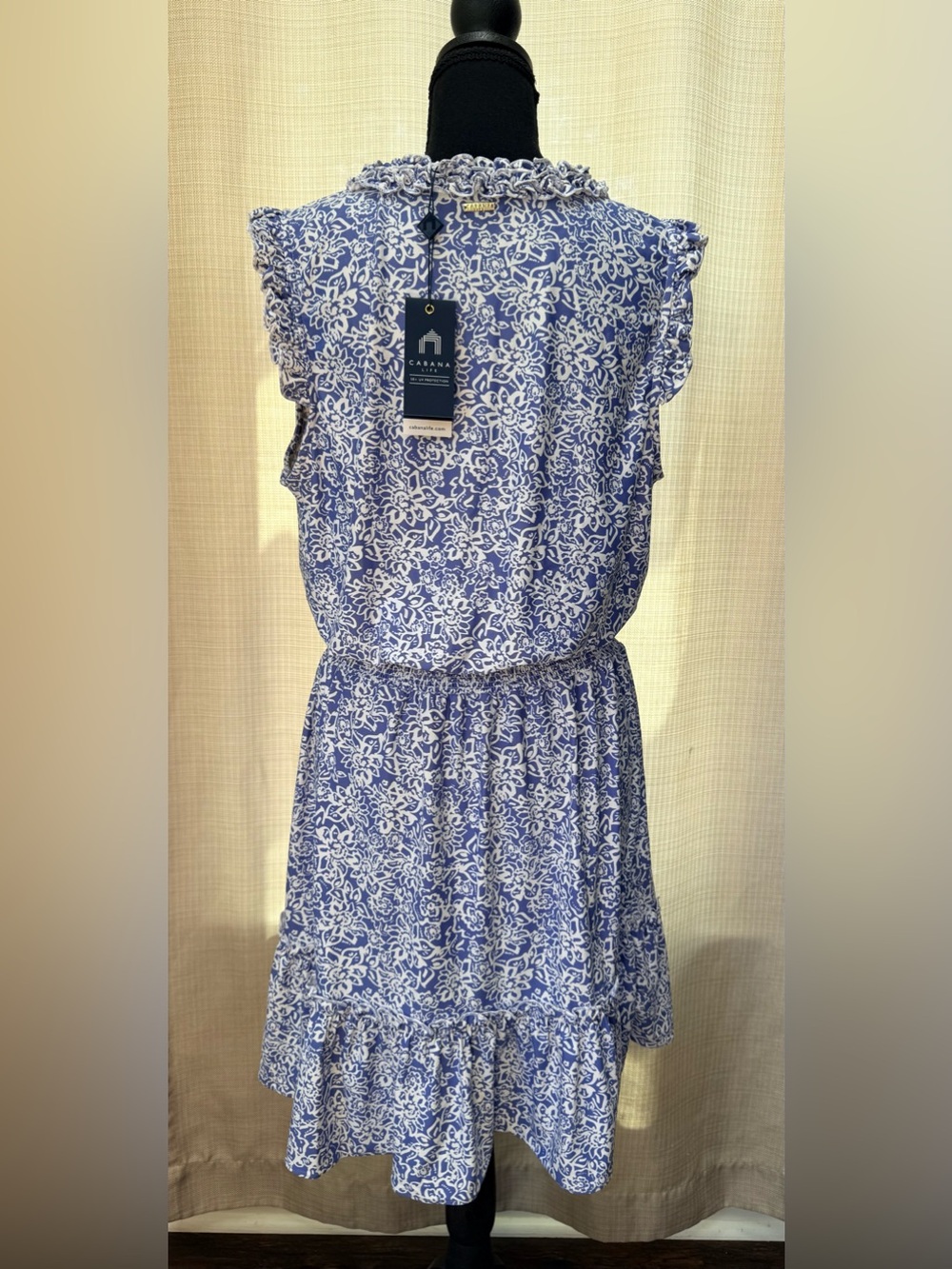 Cabana Life Lake Como Smocked Waist Sleeveless Blue Floral UPF 50 Dress Sz L NWT - Picture 6 of 15